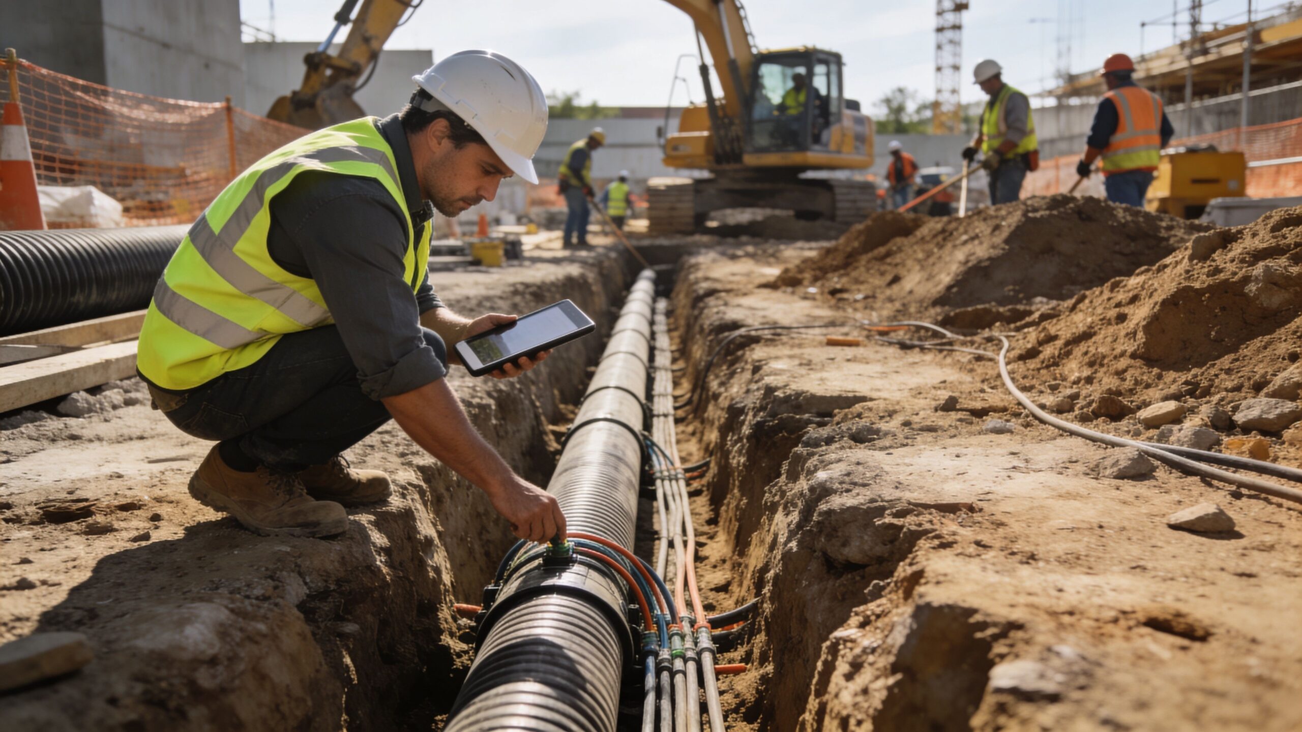 An underground electrical contractor wearing a hard hat examines piping in a trench using a digital tablet.