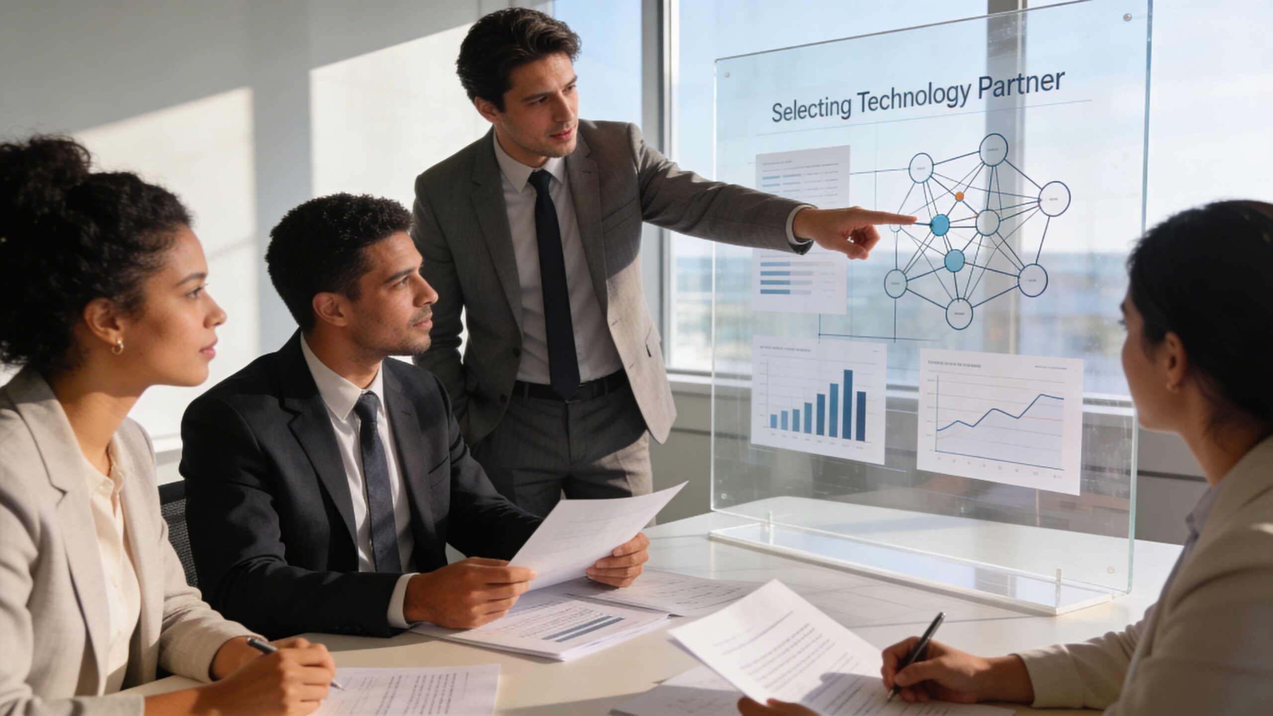 A professional business team collaborating during a meeting while analyzing data on a glass board.