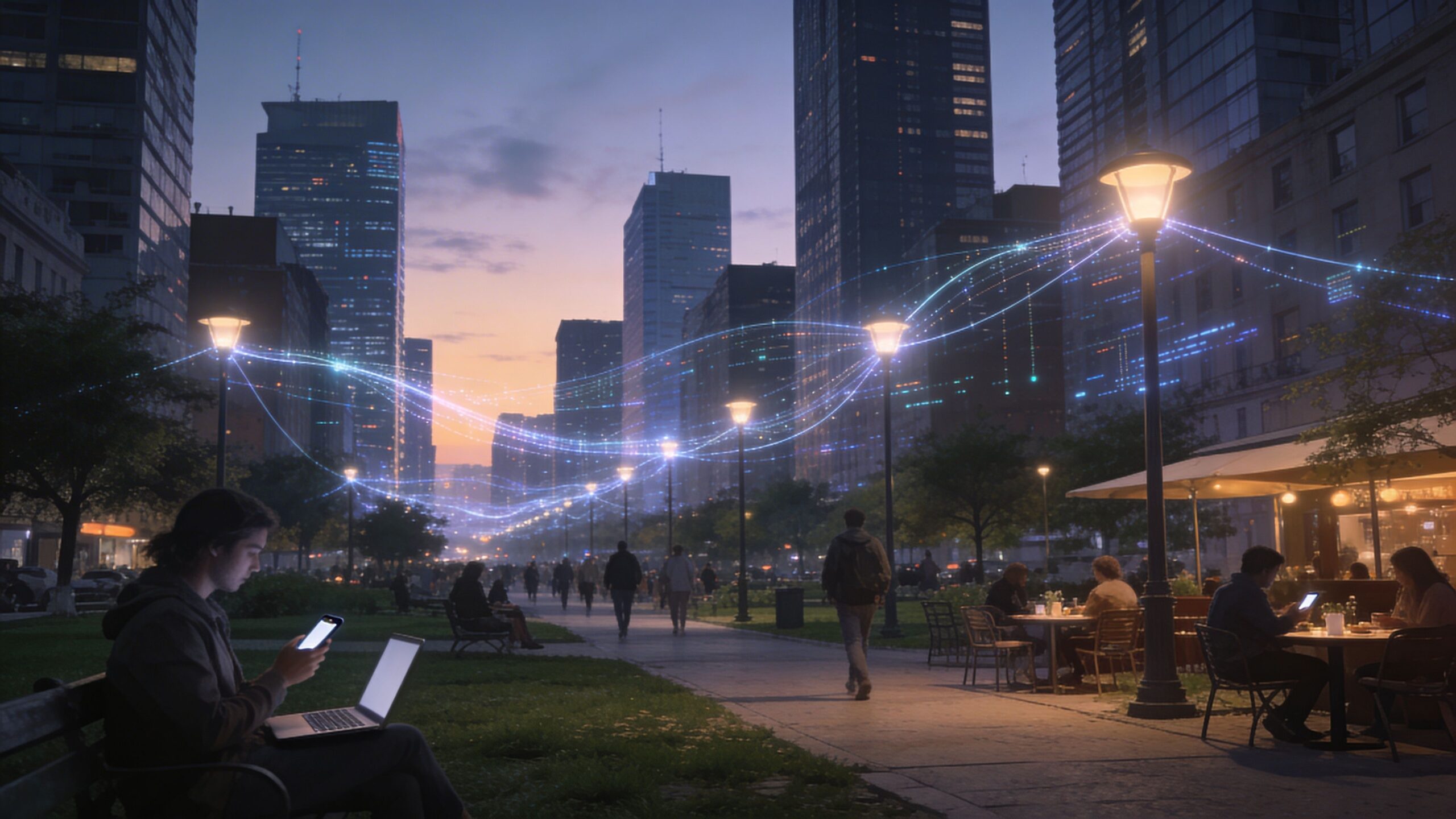 A scenic city park at sunset featuring people using technology connected by glowing digital data network lines.