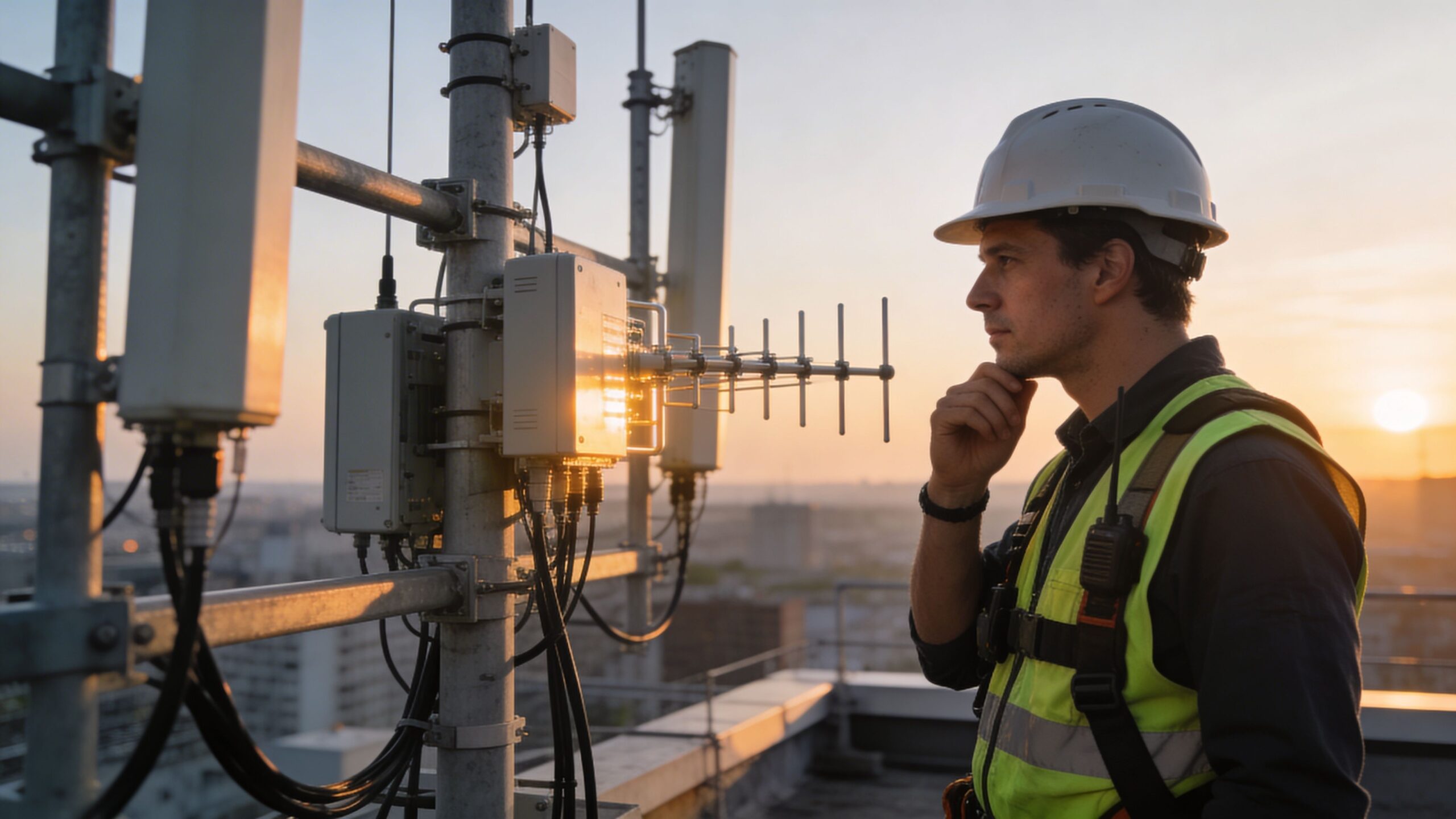 A technician wearing a hard hat and safety vest inspects cellular equipment on a rooftop at sunset.
