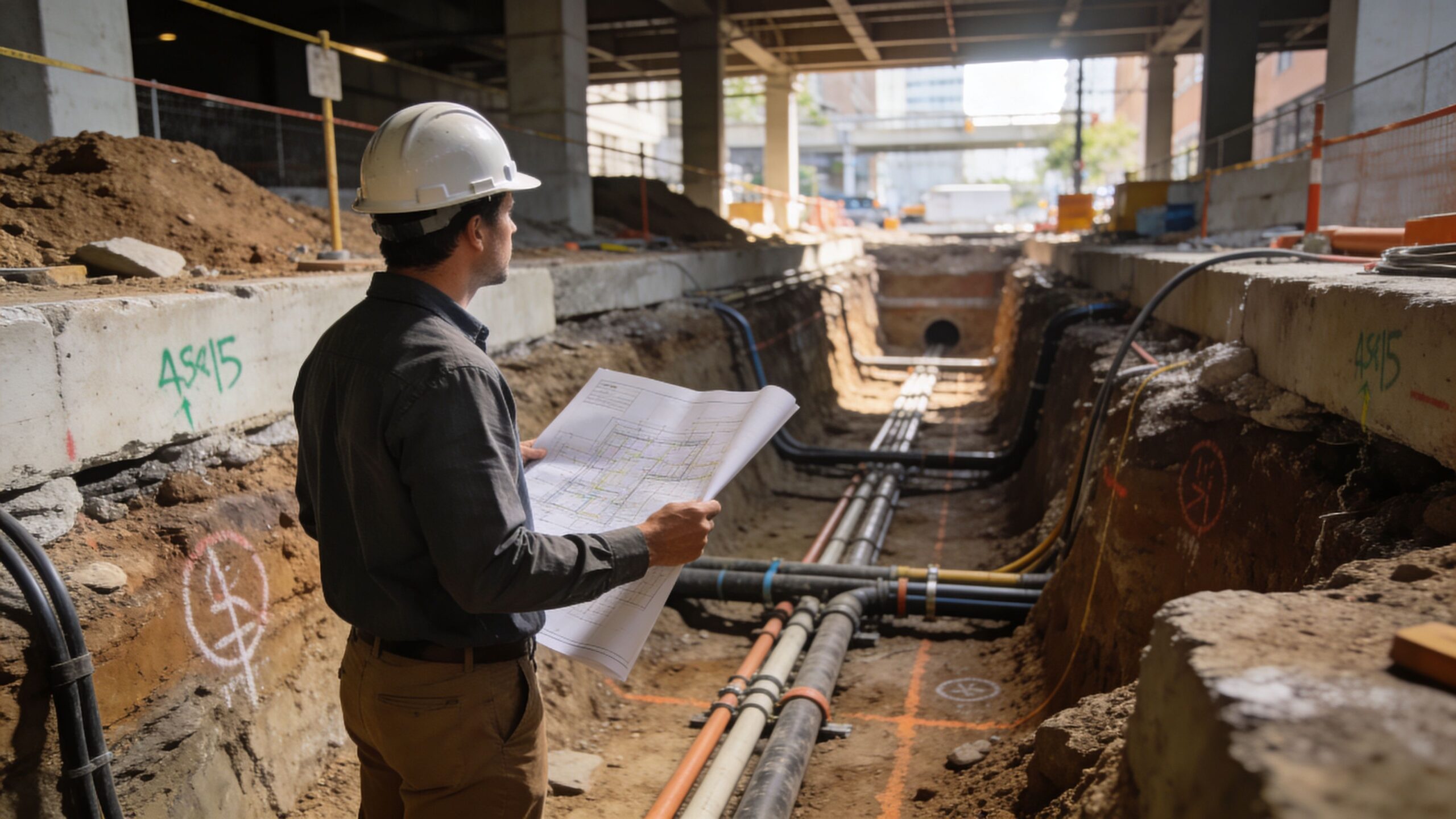 A construction engineer in a hard hat reviews technical blueprints at an underground site excavation project.