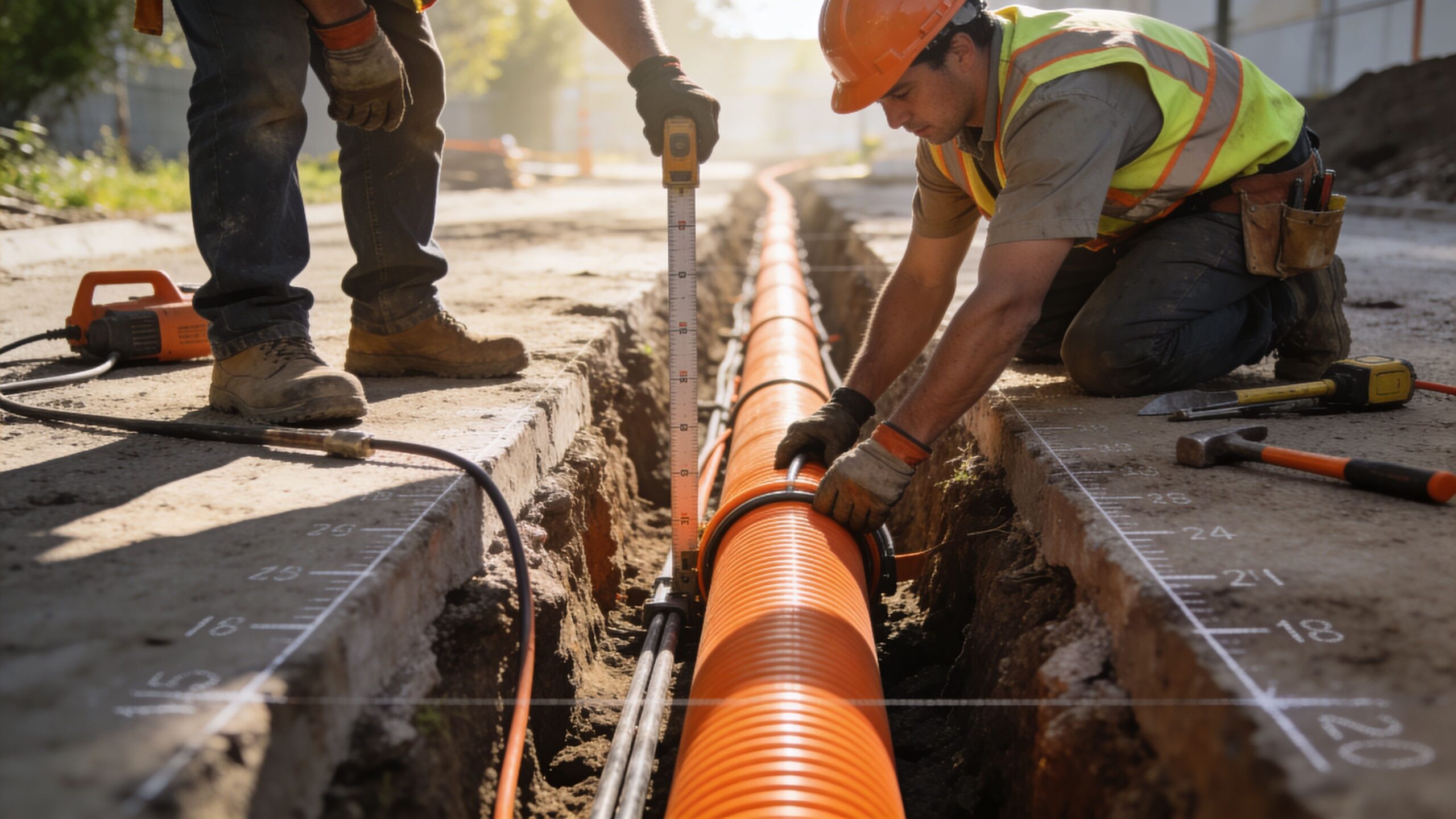 Construction workers installing orange utility pipes in a trench while measuring the depth with a tape.