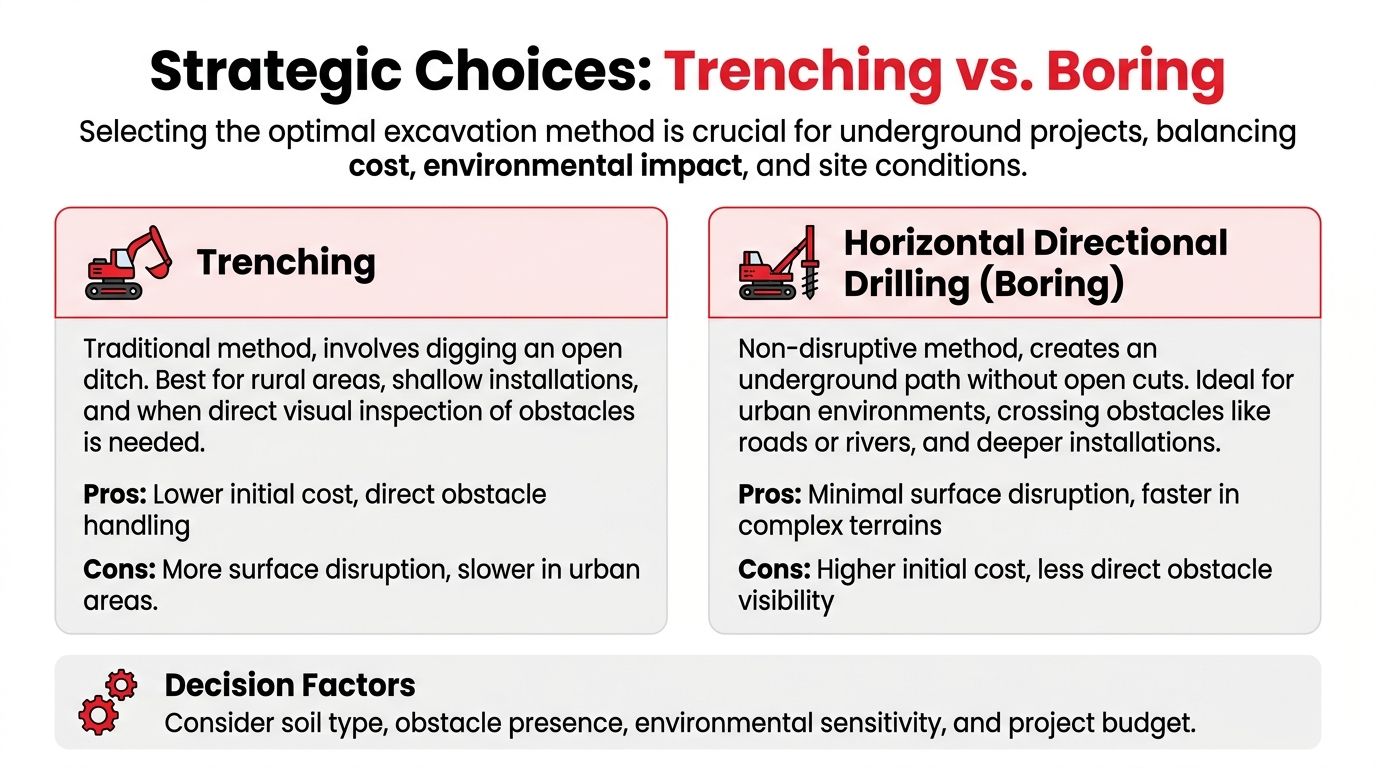 A comparison chart outlining the pros and cons of trenching versus horizontal directional boring excavation methods.