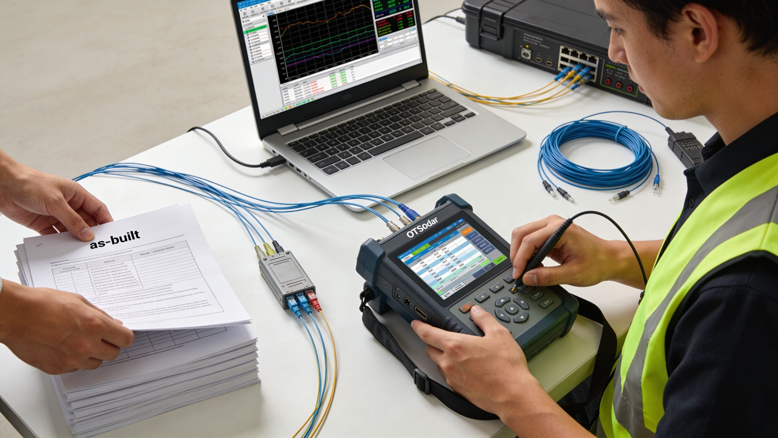 A technician using an OTSodar device to test fiber optic cables while reviewing as-built documentation.