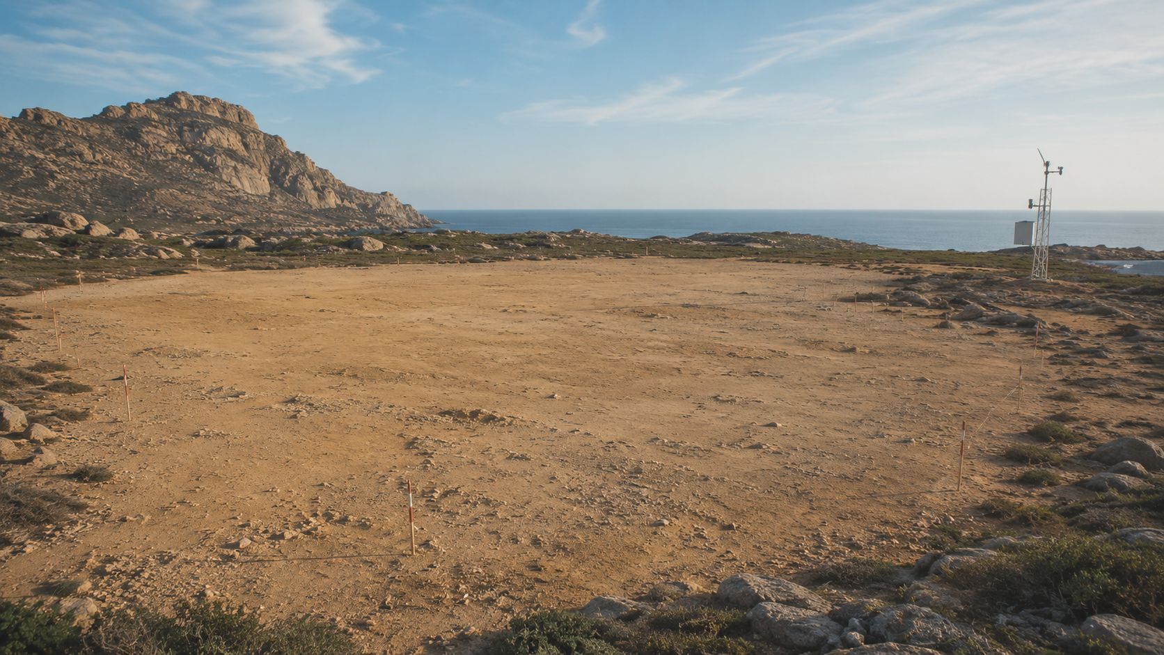 A vacant rocky coastal site marked with stakes, intended for future infrastructure development near the ocean.