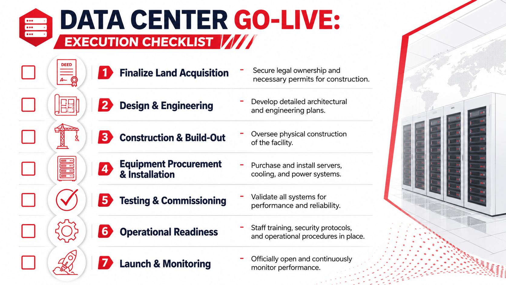 A checklist infographic outlining seven essential steps for a data center go-live execution and facility development.