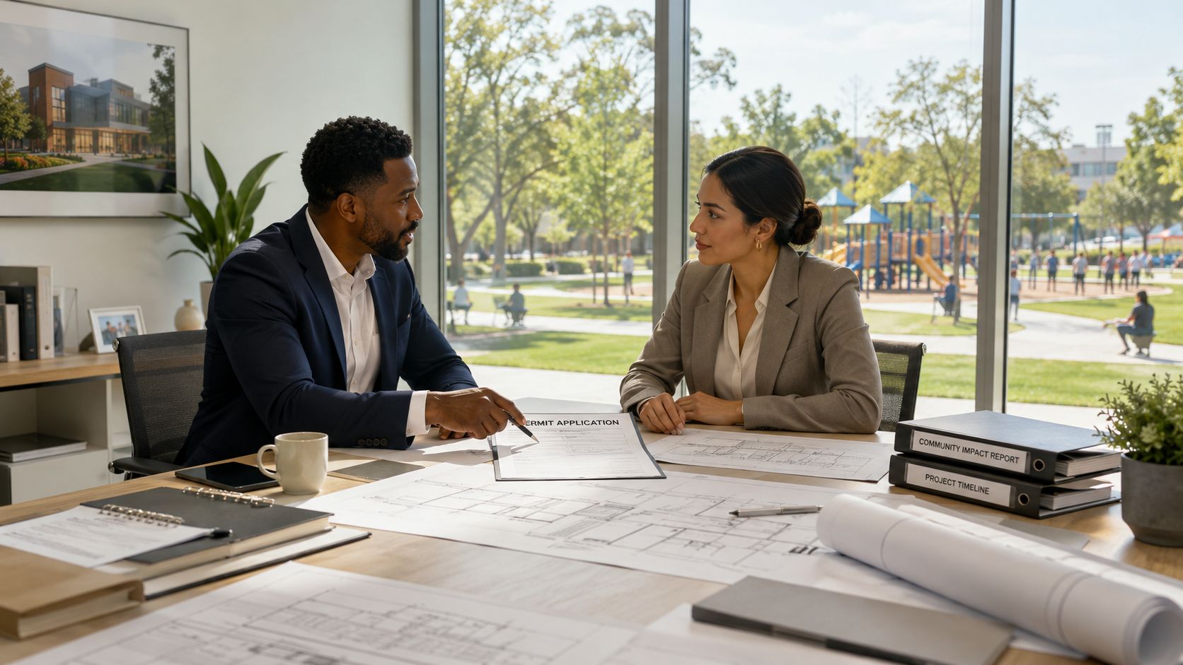 A professional man and woman discussing a permit application and blueprints in a sunny office.