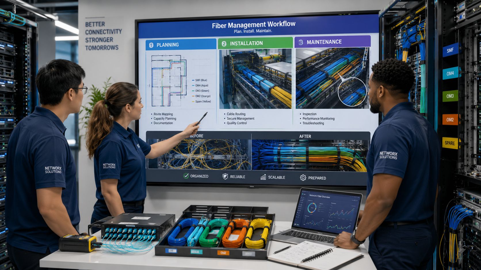 A diverse team of professionals analyzing a fiber optic cable management presentation in a modern data center.