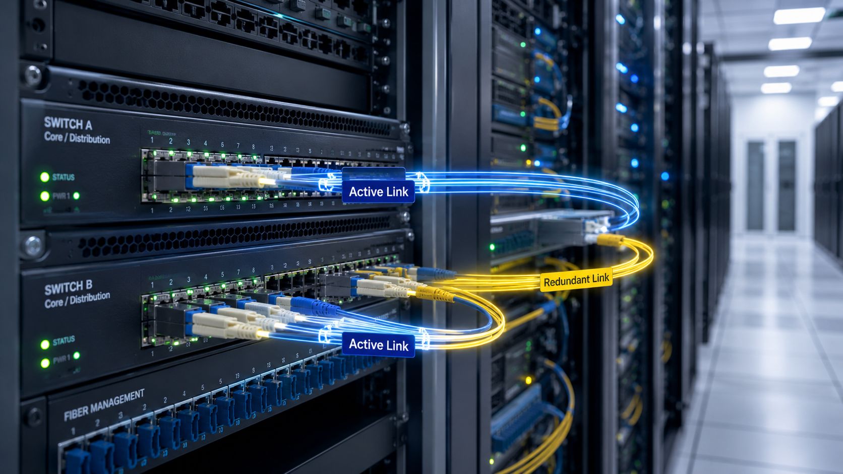 A close-up of high-speed fiber optic network switches connected with active and redundant optical cables in a data center.