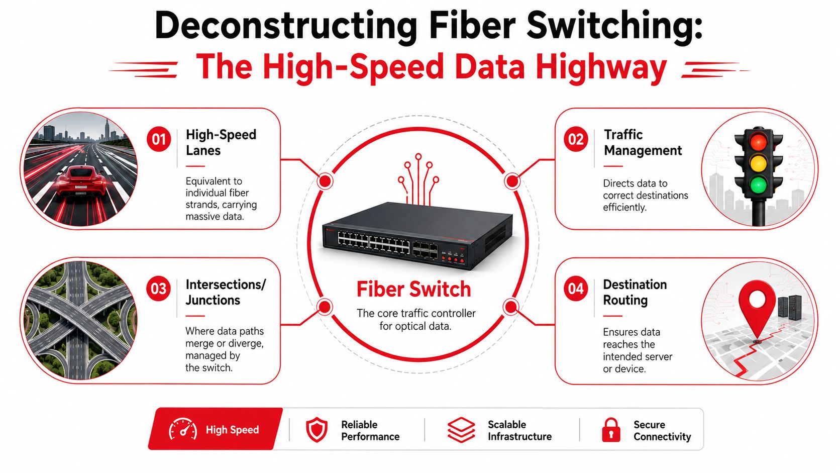 A diagram explaining fiber optic network switching using a highway analogy with four key data infrastructure components.