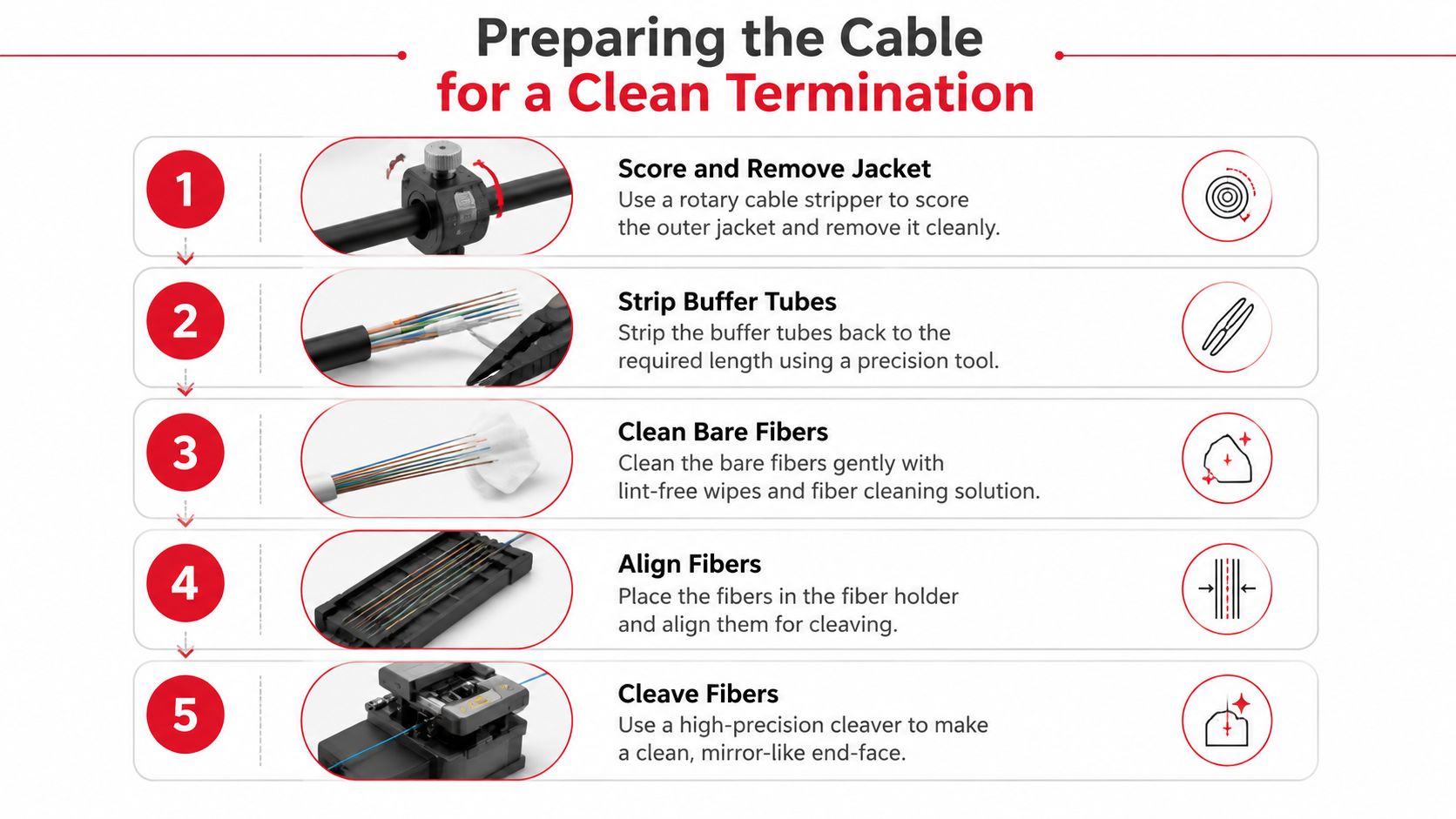A step-by-step infographic illustrating the professional process of preparing fiber optic cables for termination.