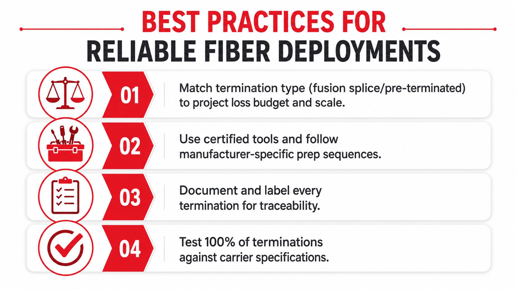A list of four best practices for ensuring reliable fiber optic network cable deployments and installations.