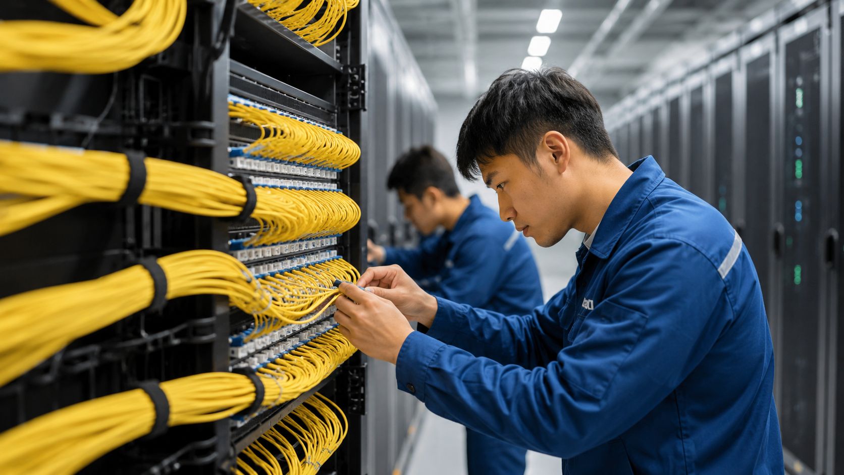 A technician wearing a blue uniform works on fiber optic cables in a large server room facility.