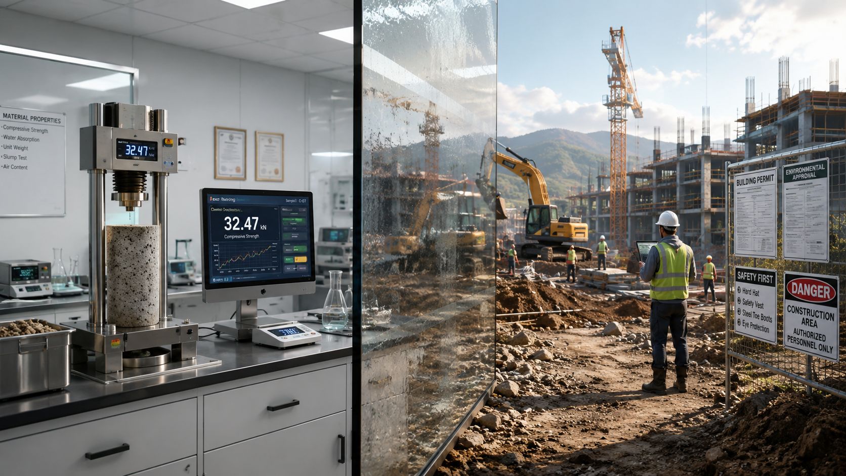 A split view showing a lab testing concrete strength and a construction site with workers and heavy machinery.