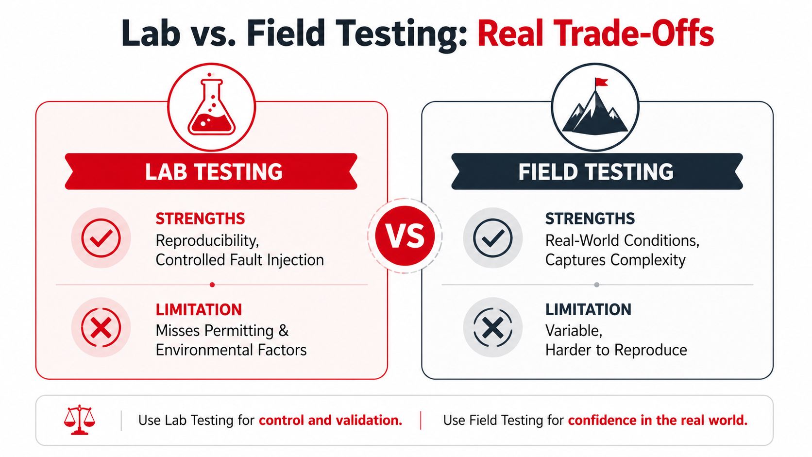A comparison infographic showing the trade-offs between lab testing and field testing for performance benchmarking.