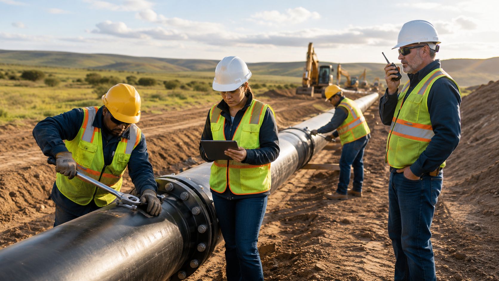 A diverse crew of engineers and workers operating on a pipeline construction site during the day.