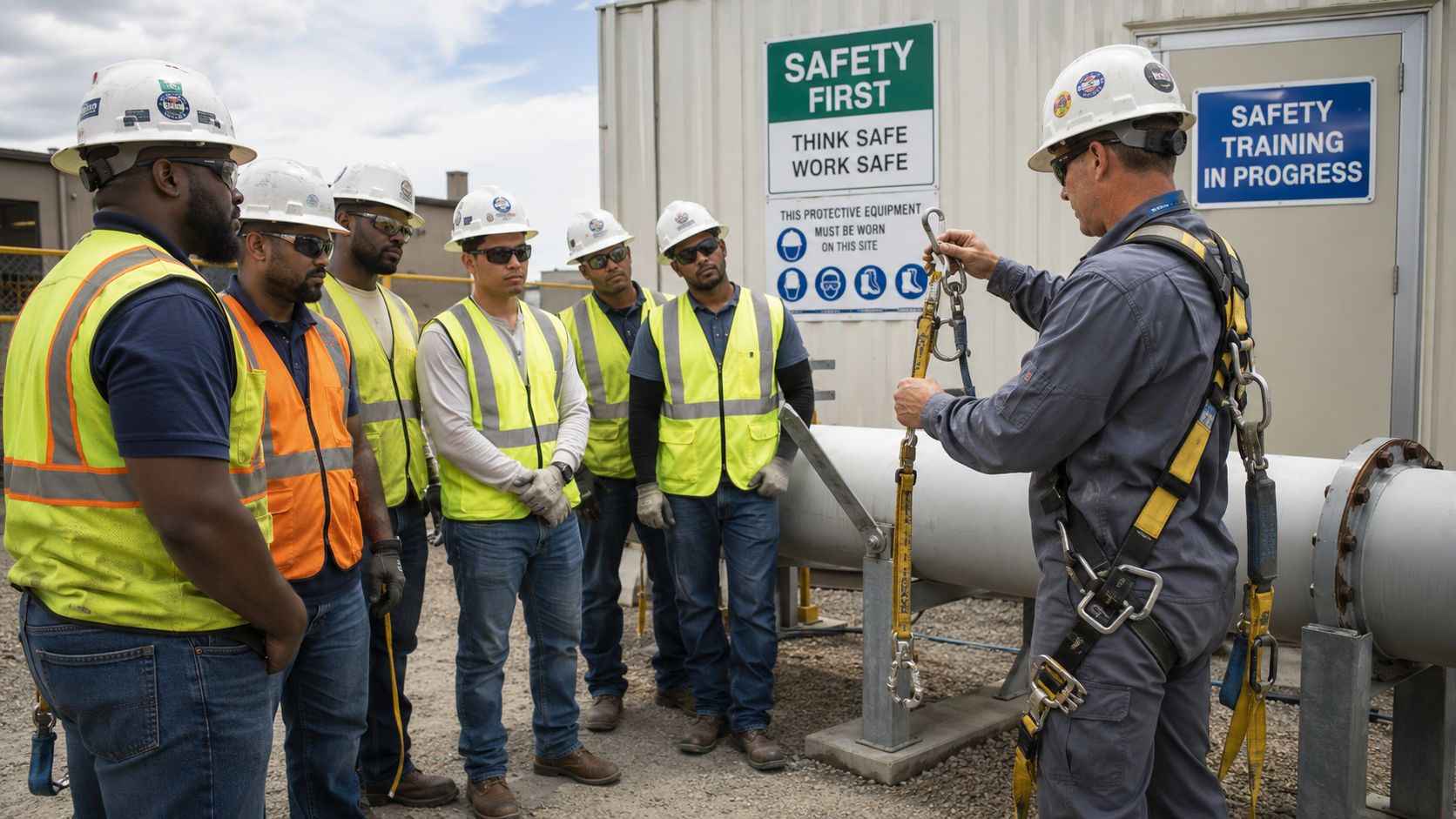 A professional instructor demonstrates safety harness equipment to a group of construction workers outdoors.