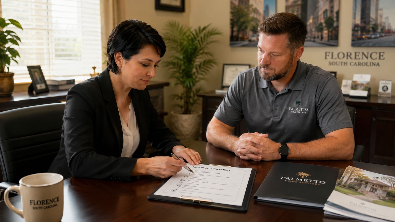 A professional woman and a man from Palmetto Home Services reviewing a contract in an office setting.