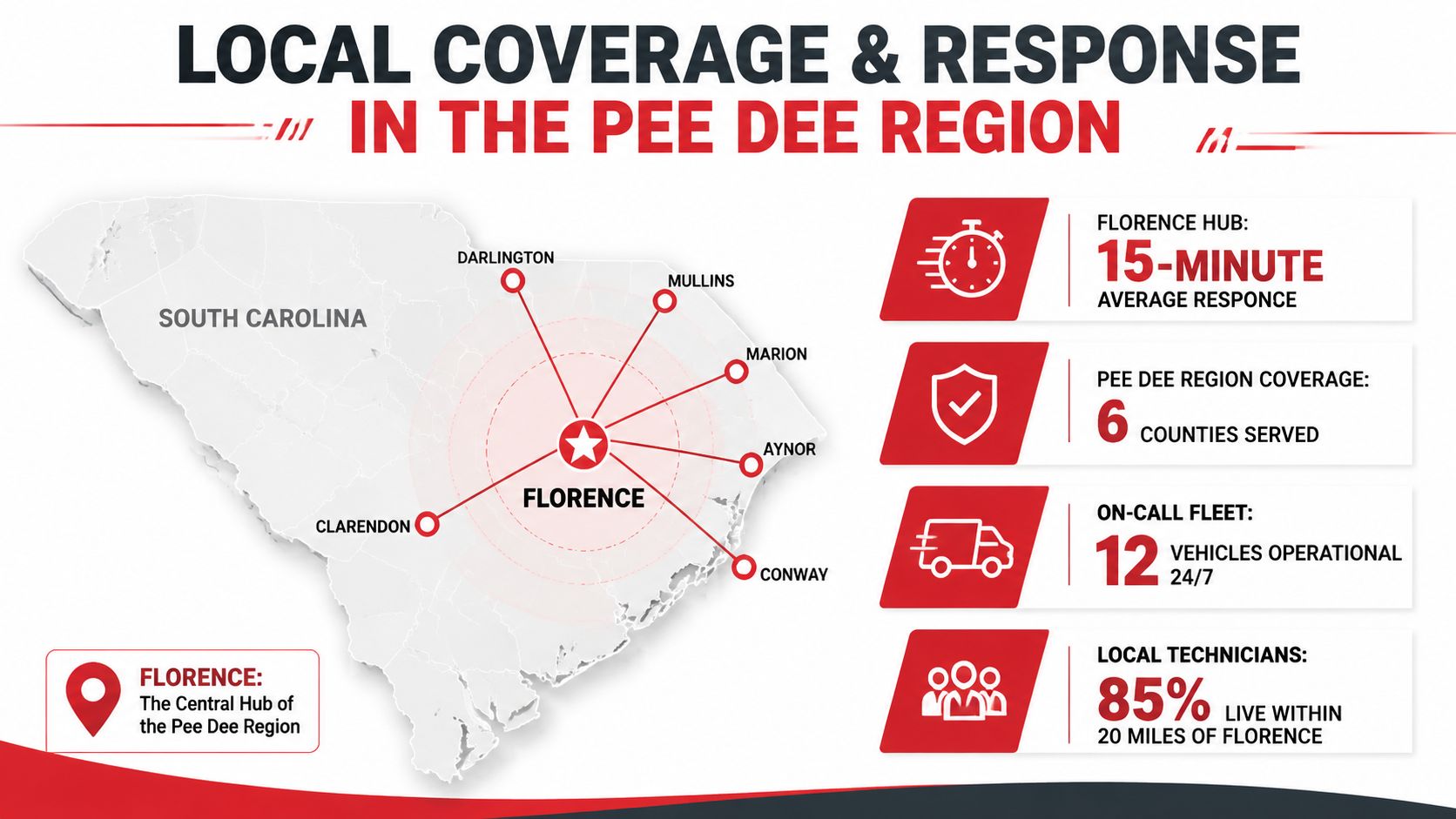 An infographic showing local service coverage and response time in the Florence, South Carolina Pee Dee region.