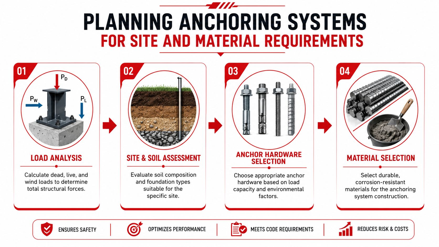 A four-step infographic explaining the process of planning anchoring systems for construction projects and structural requirements.