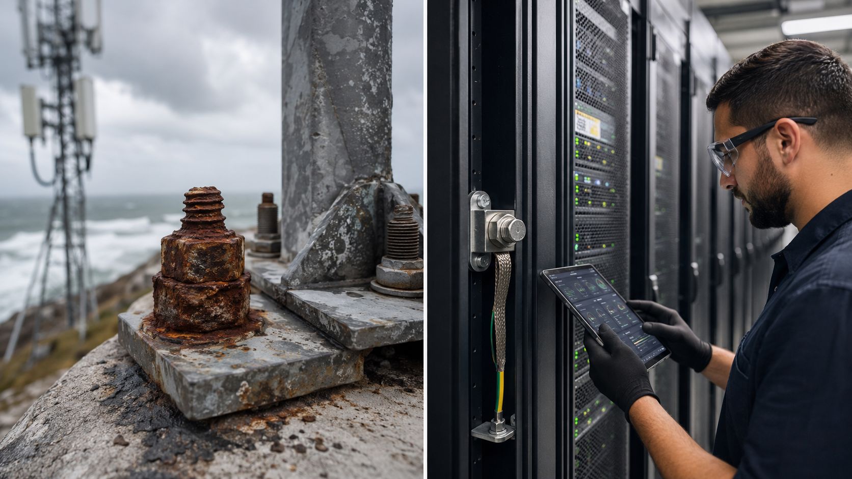 A split screen comparing a rusted infrastructure anchor near the ocean and a technician inspecting network servers.