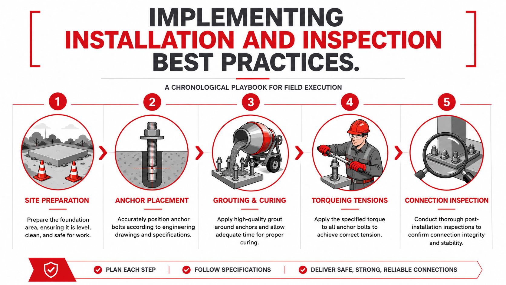 A five-step chronological infographic showing best practices for installation and inspection of structural anchor bolts.