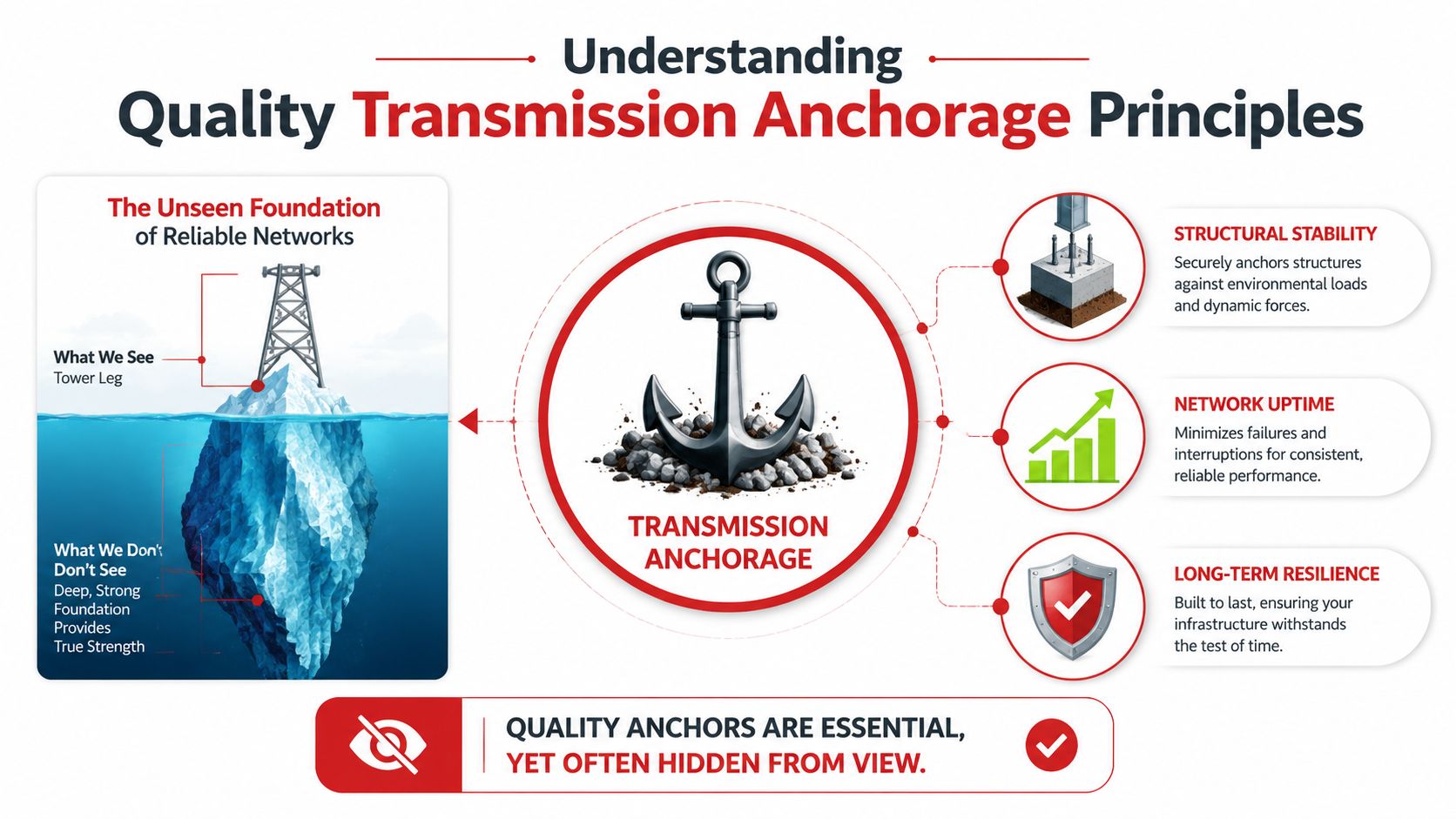 An infographic illustrating the importance of hidden transmission tower foundations for structural stability and long-term network reliability.
