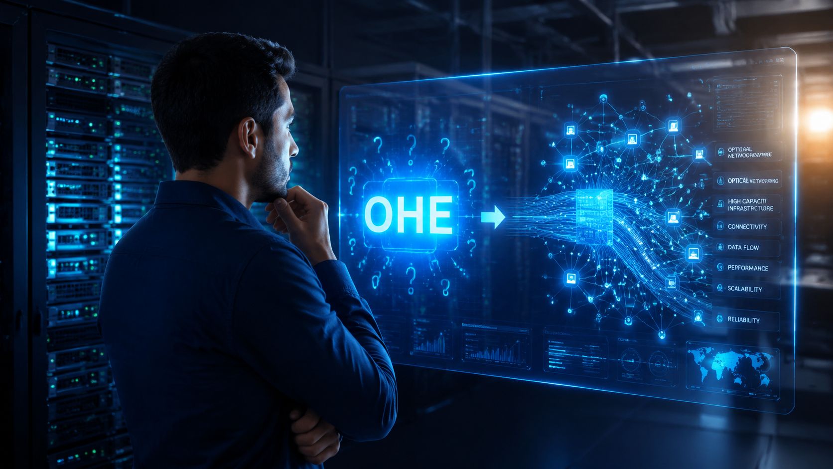 A professional analyzing a digital holographic interface showcasing OHE technology within a high-tech data center environment.
