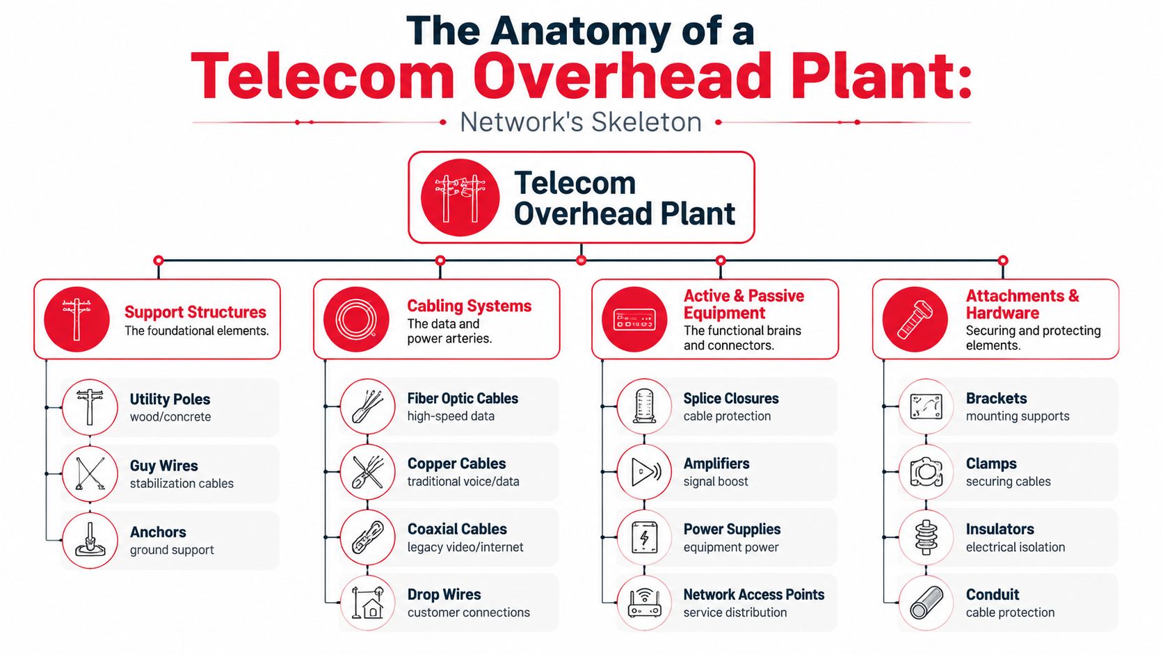 A diagram illustrating the components of a telecom overhead plant, including support structures, cabling, and equipment.