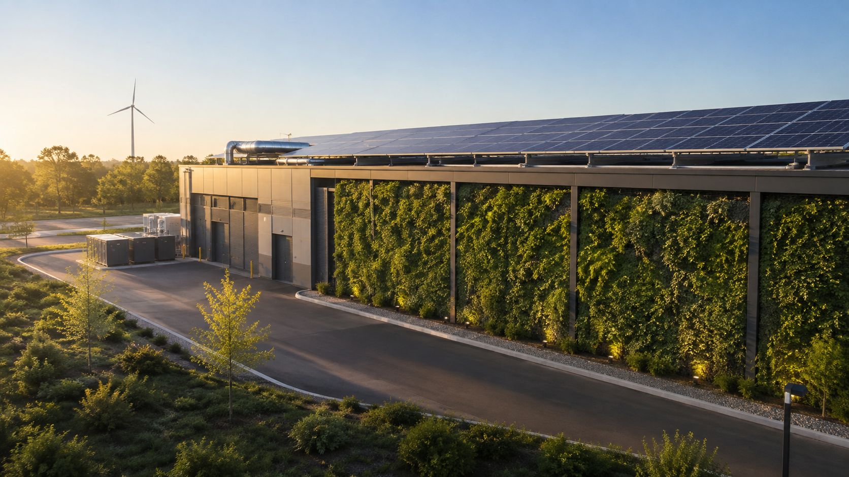 A modern data center facility featuring a vertical garden wall, rooftop solar panels, and a nearby wind turbine.