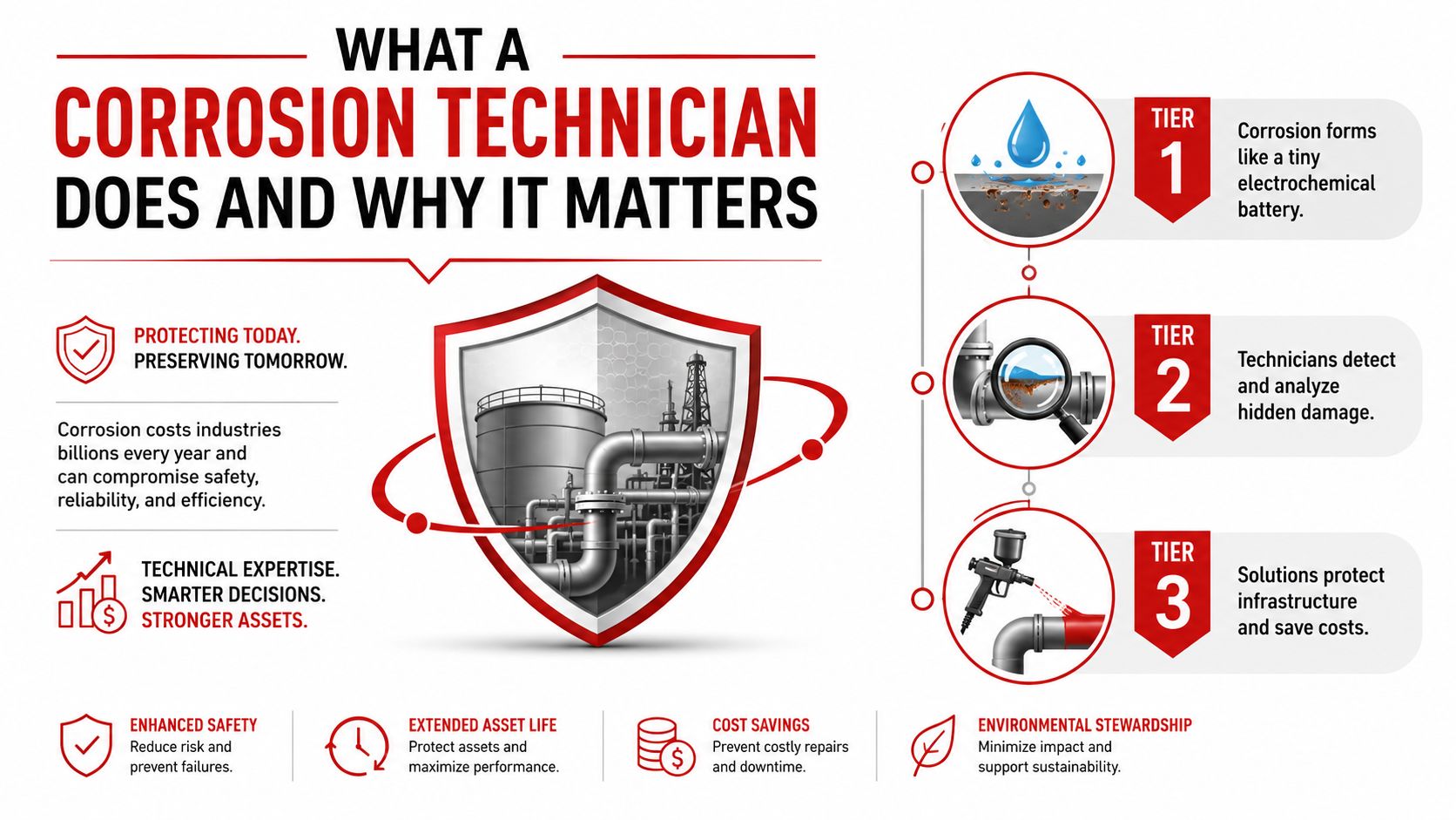 An infographic detailing the role of a corrosion technician, highlighting processes, benefits, and industrial safety importance.