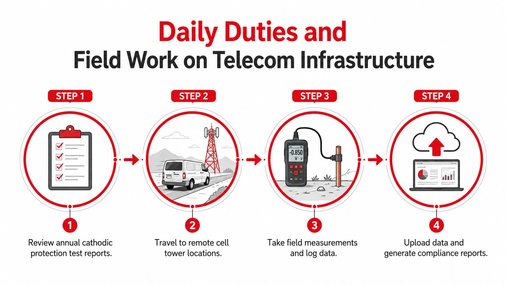 A four-step infographic illustrating daily duties and field work for cathodic protection on telecom infrastructure.