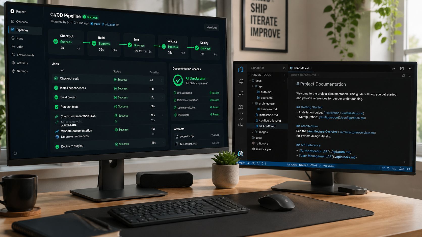 A dual monitor setup on a wooden desk displaying CI/CD pipeline automation and technical project documentation.