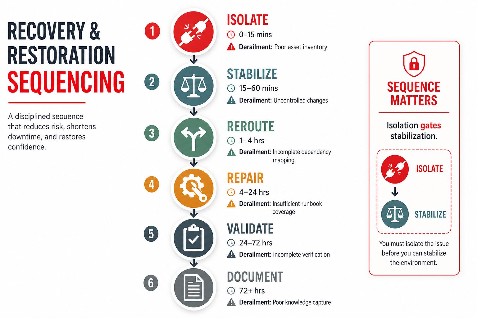 A flowchart showing a six-step recovery and restoration sequencing process for organizational incident management and system stability.