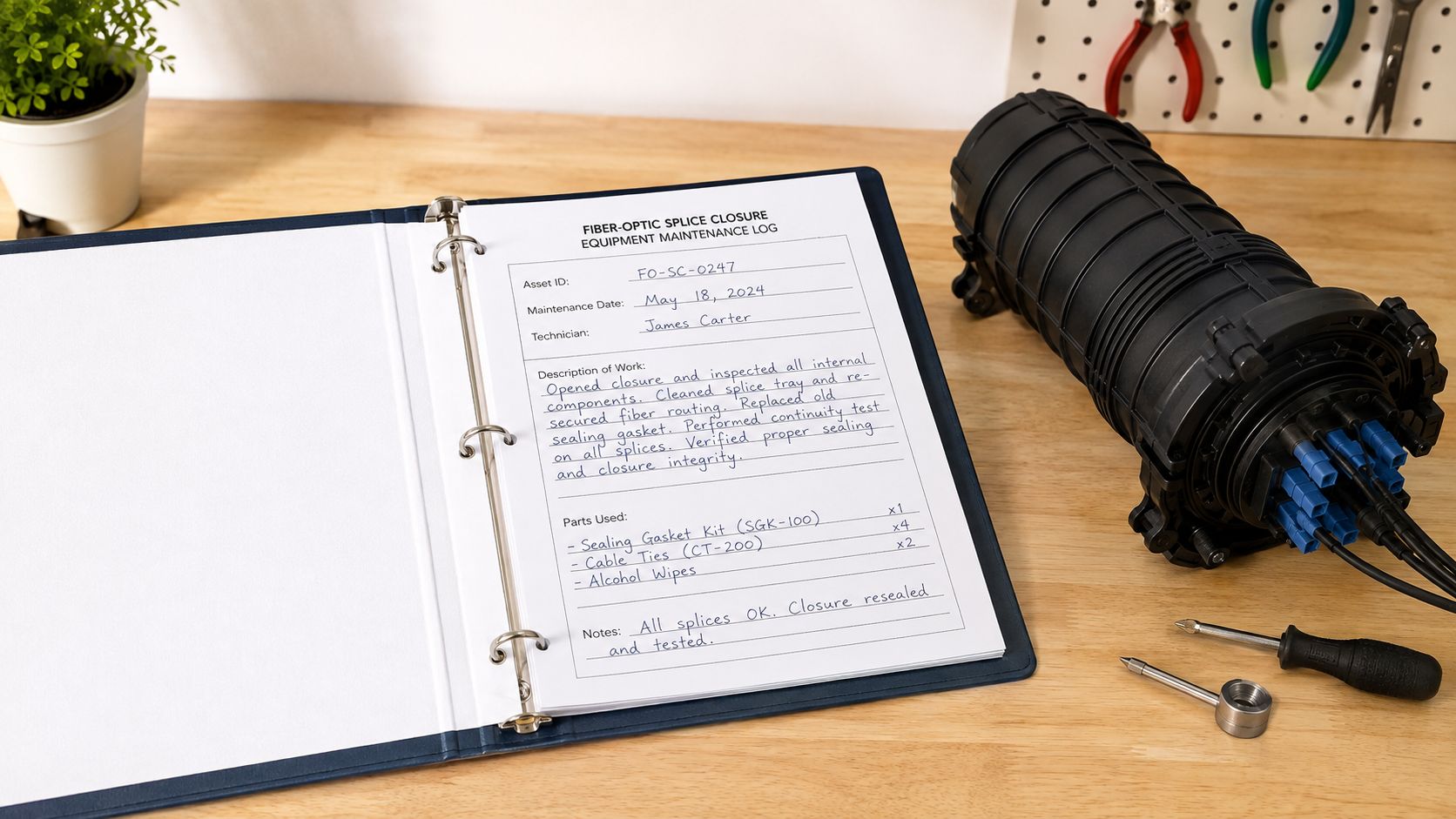 A binder with a handwritten fiber-optic splice closure maintenance log rests on a wooden workbench near tools.