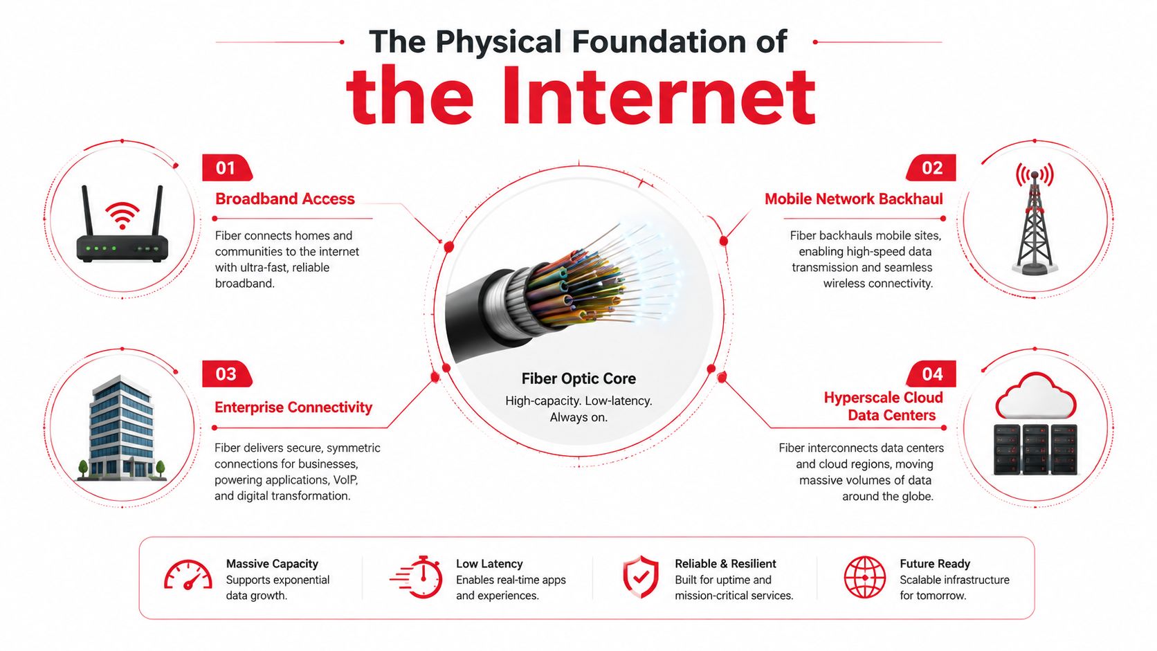 A diagram illustrating the physical internet infrastructure powered by a central fiber optic core network.