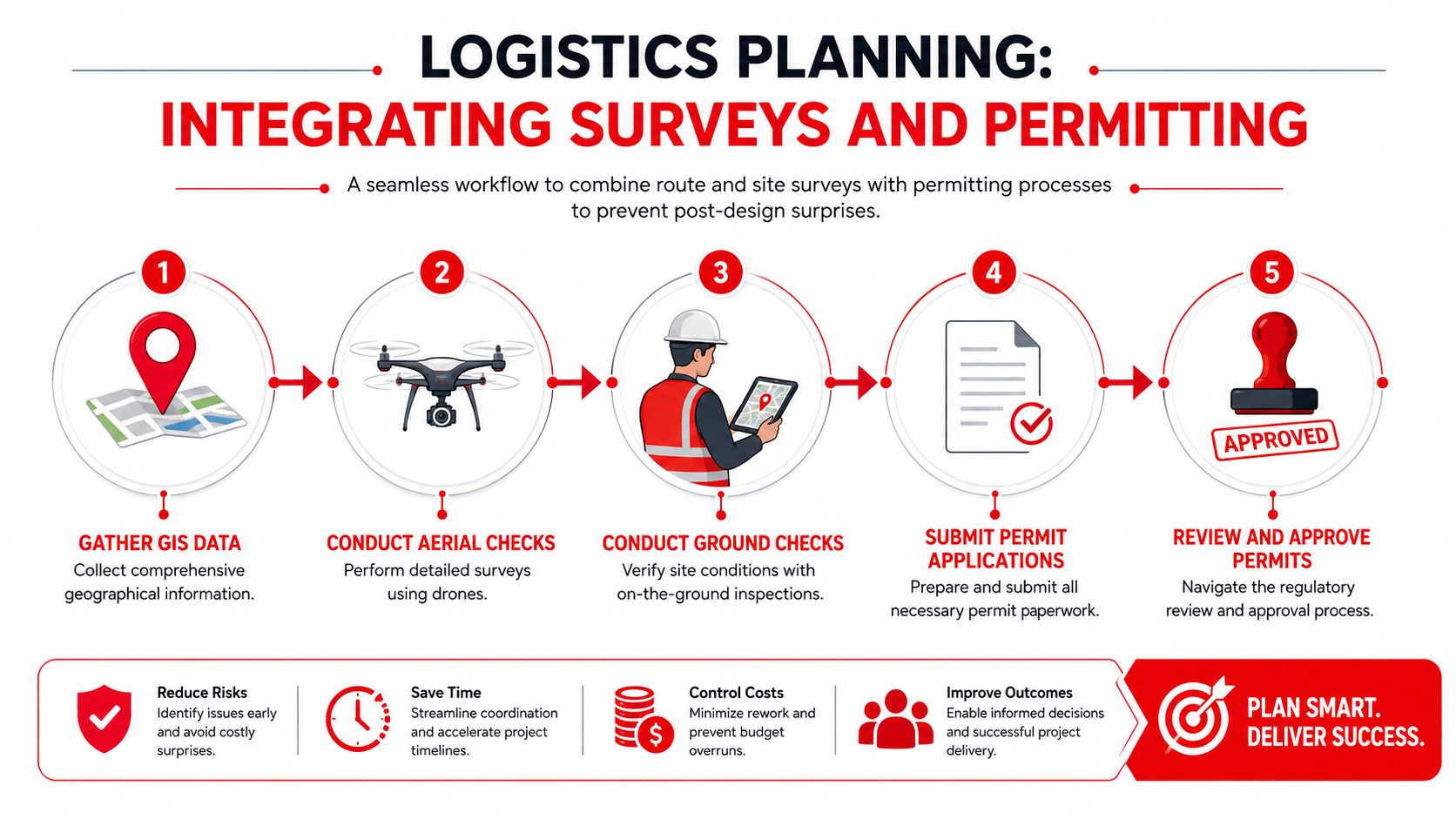 A five-step logistics planning workflow infographic showing survey, drone mapping, site inspection, permitting, and approval stages.