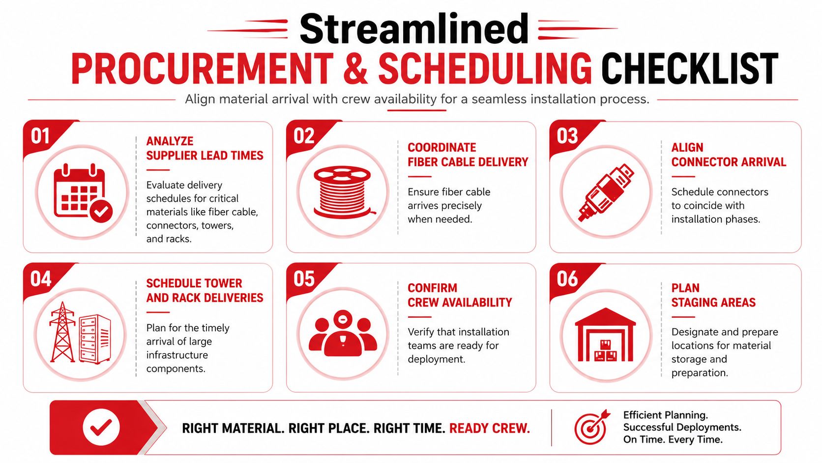 A checklist infographic outlining six essential steps for streamlining procurement and scheduling in infrastructure projects.