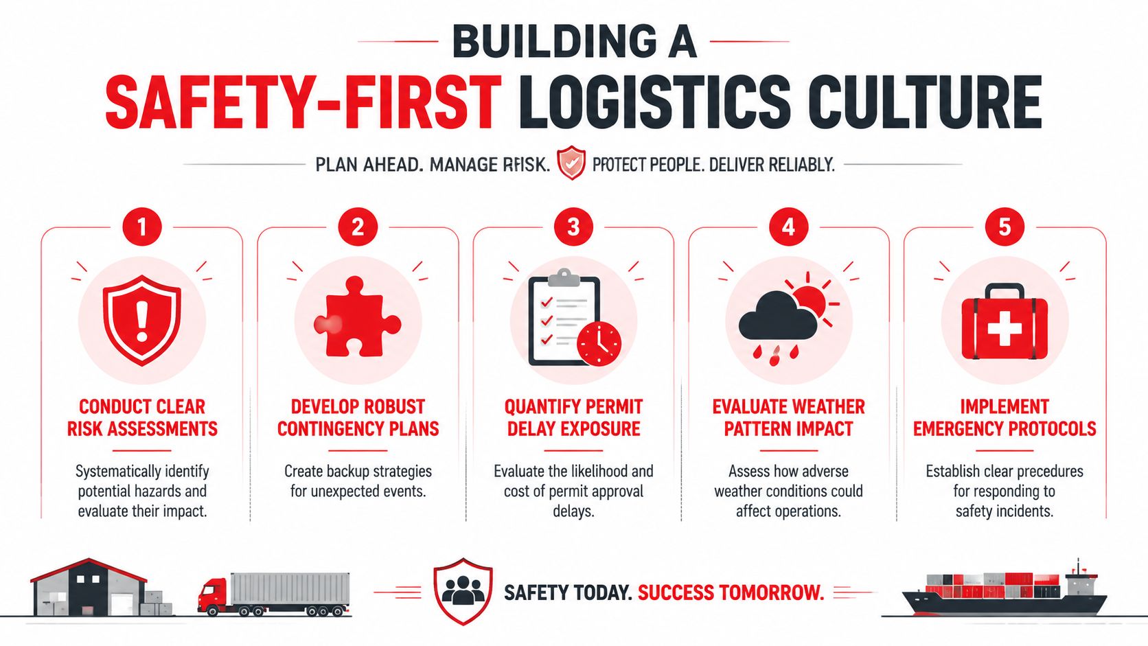 An infographic titled Building a Safety-First Logistics Culture outlining five essential steps for logistics planning and safety.