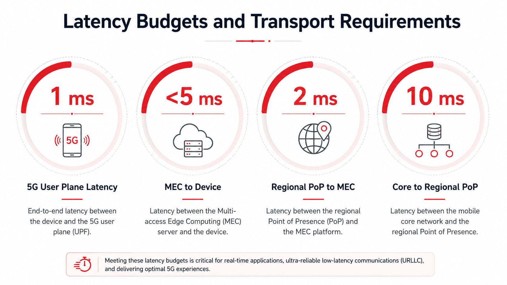 A diagram illustrating latency budgets and transport requirements for 5G network components and edge computing architecture.