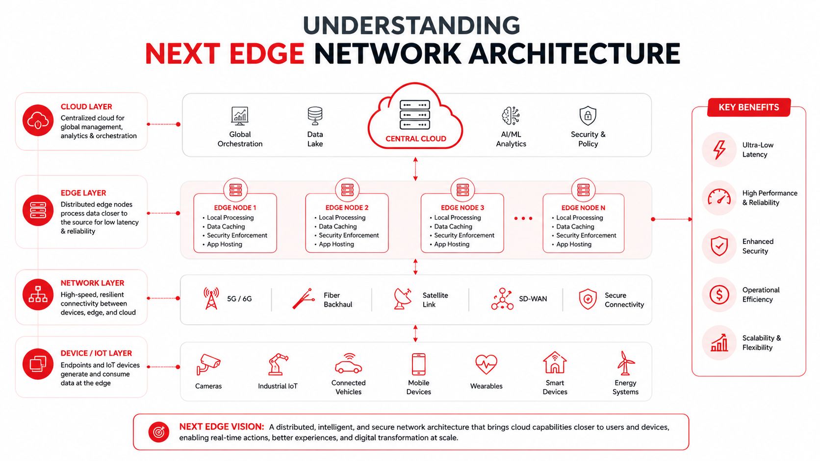 A diagram illustrating the Next Edge network architecture with cloud, edge, network, and device layers.