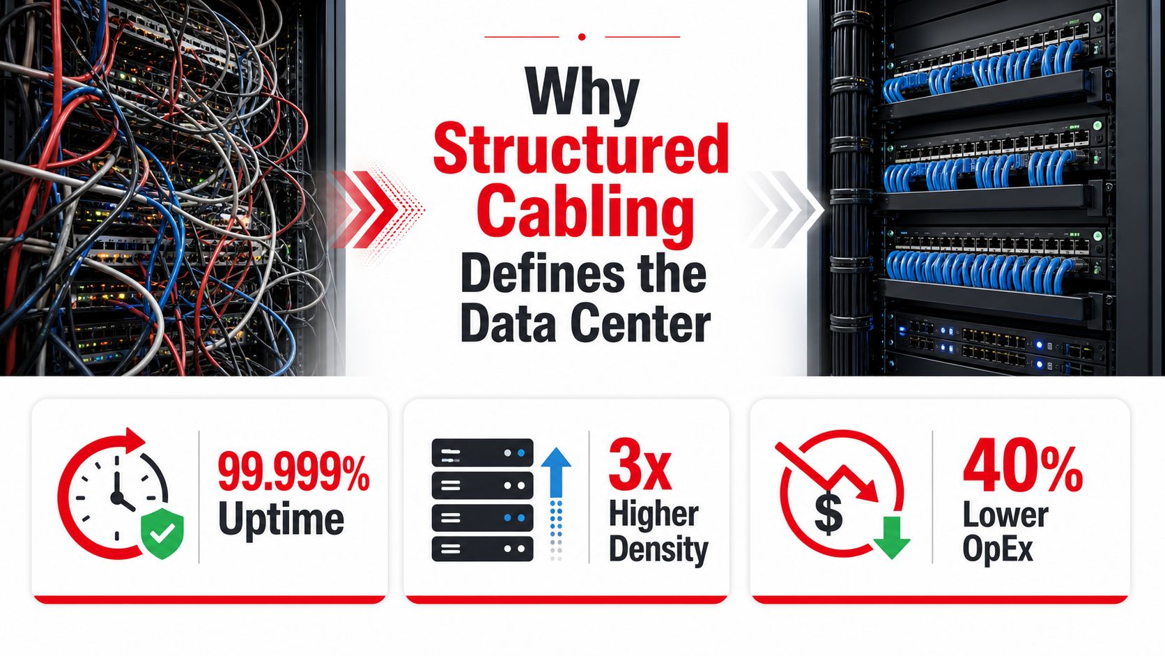 A comparison between messy server cabling and organized structured cabling, highlighting performance, efficiency, and cost benefits.