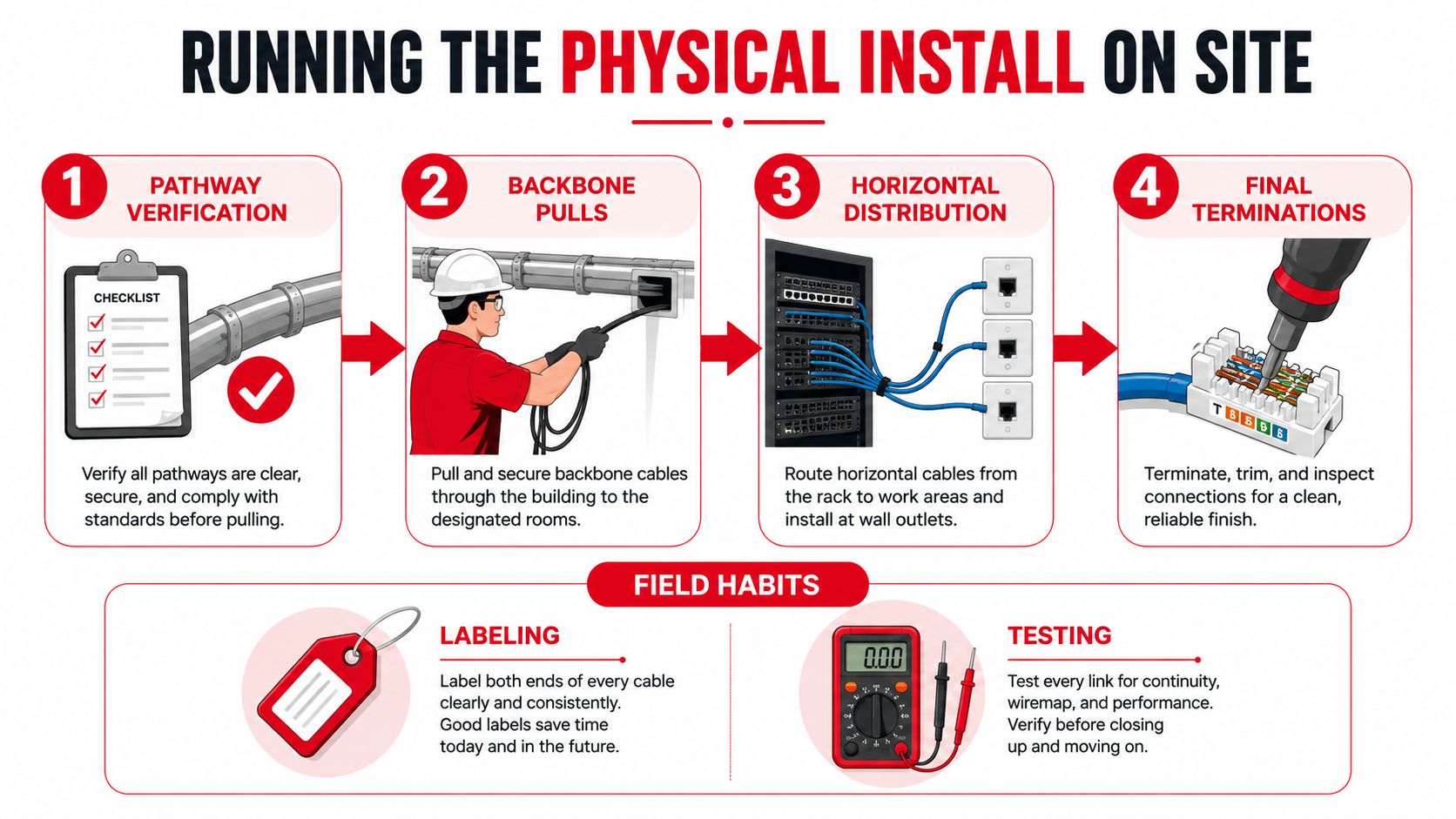 An infographic showing the four steps of structured cabling installation and essential field habits for technicians.