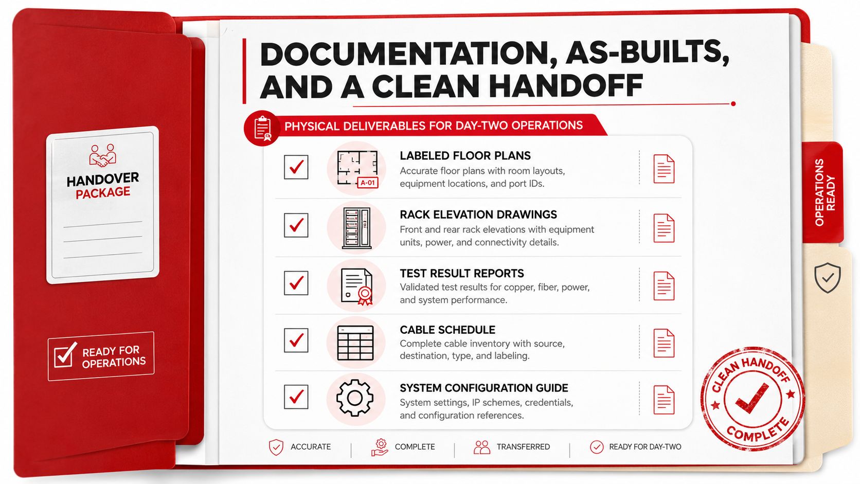 A checklist for a professional data center documentation handover package, ensuring all installations are ready for operations.
