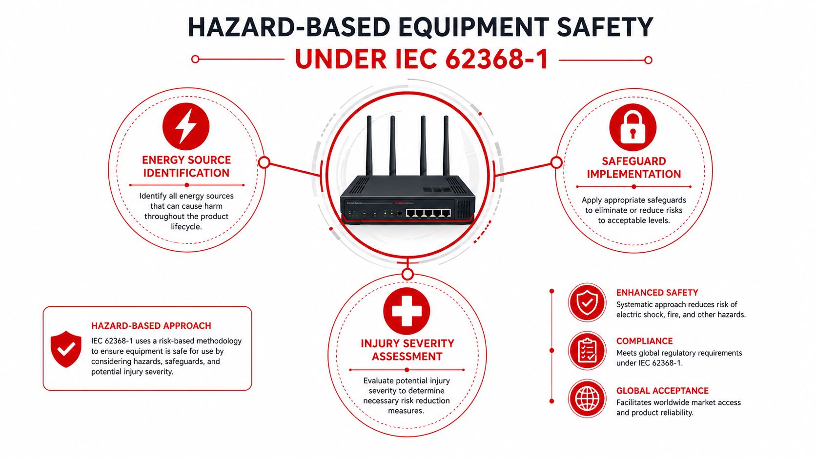 An infographic illustrating the hazard-based equipment safety standards under IEC 62368-1 for networking hardware devices.