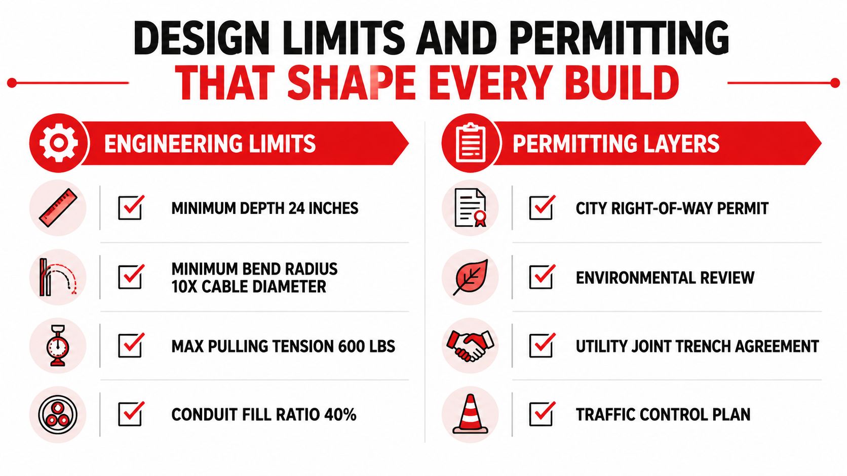 An infographic detailing essential engineering limits and permitting requirements for underground fiber installation projects.