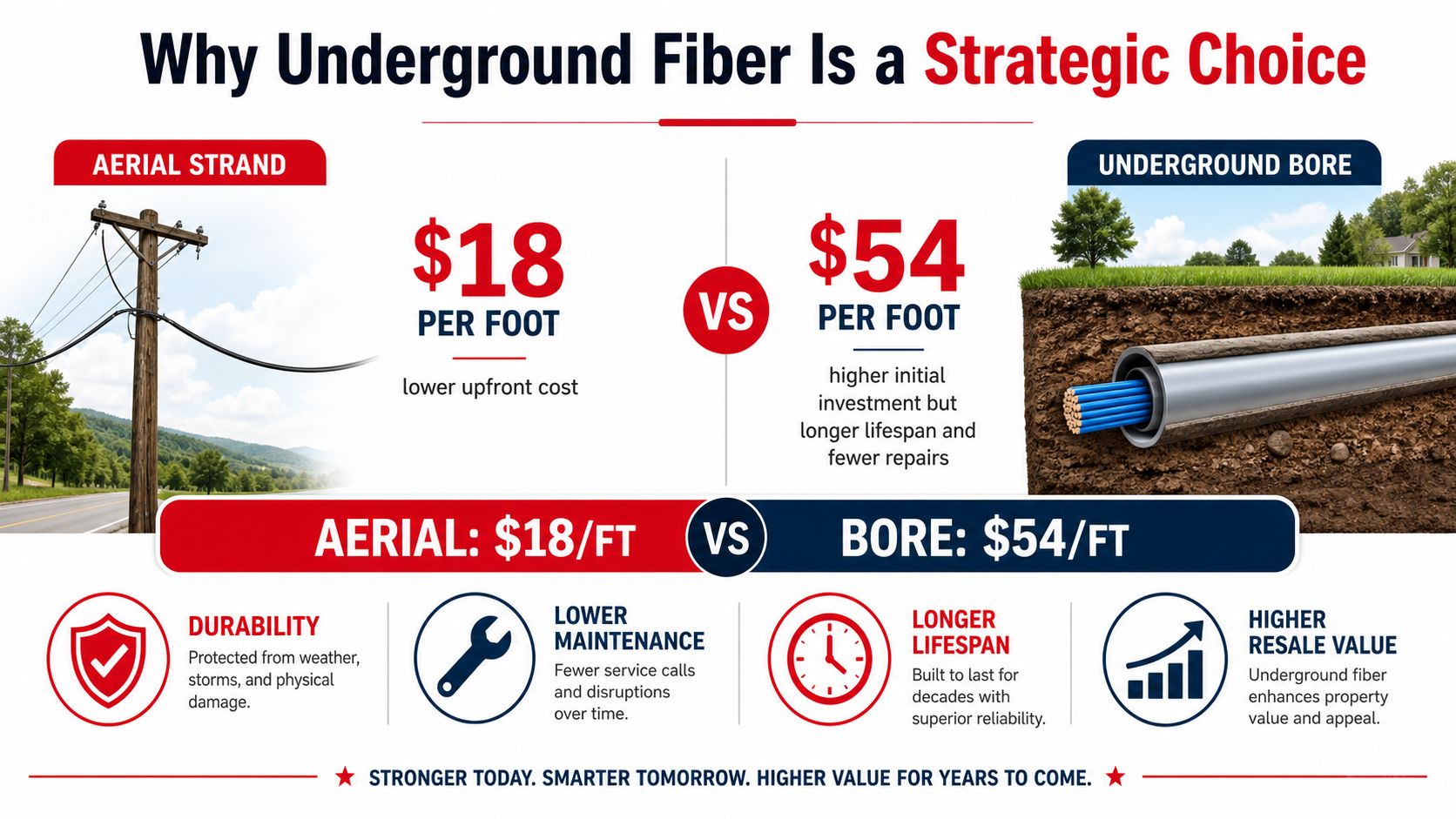 A comparison infographic showing the cost and durability benefits of underground fiber installation versus aerial strand methods.