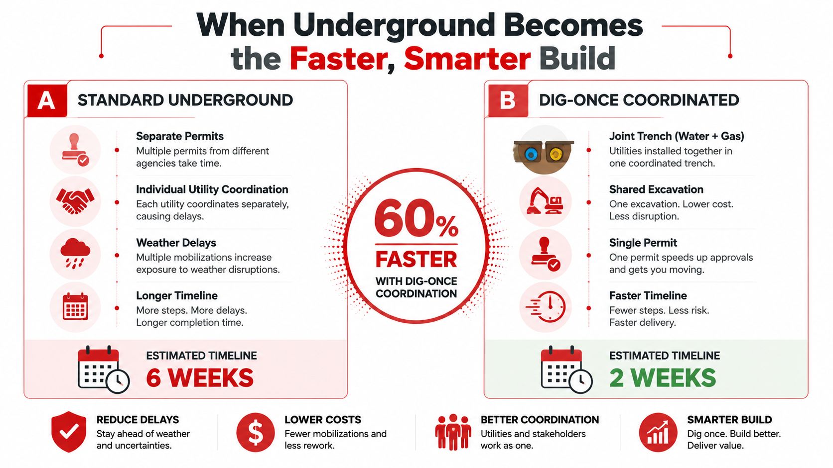 An infographic comparing the time efficiency of standard underground utility installation versus coordinated dig-once construction methods.