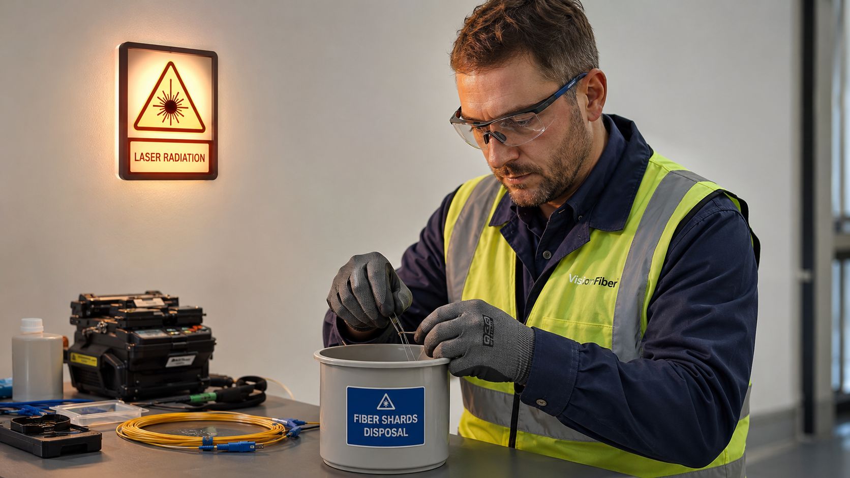 A professional fiber optic cable splicer wearing safety glasses and gloves disposing of tiny glass shards safely.