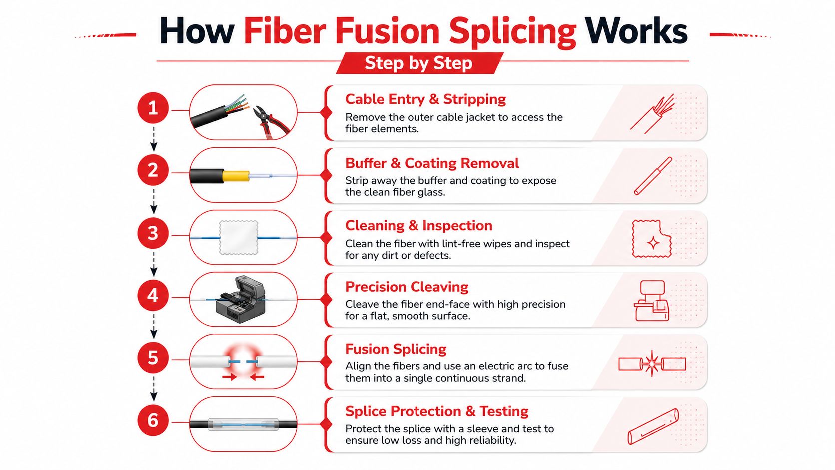 An infographic showing a six-step process for performing fiber optic fusion splicing on a network cable.